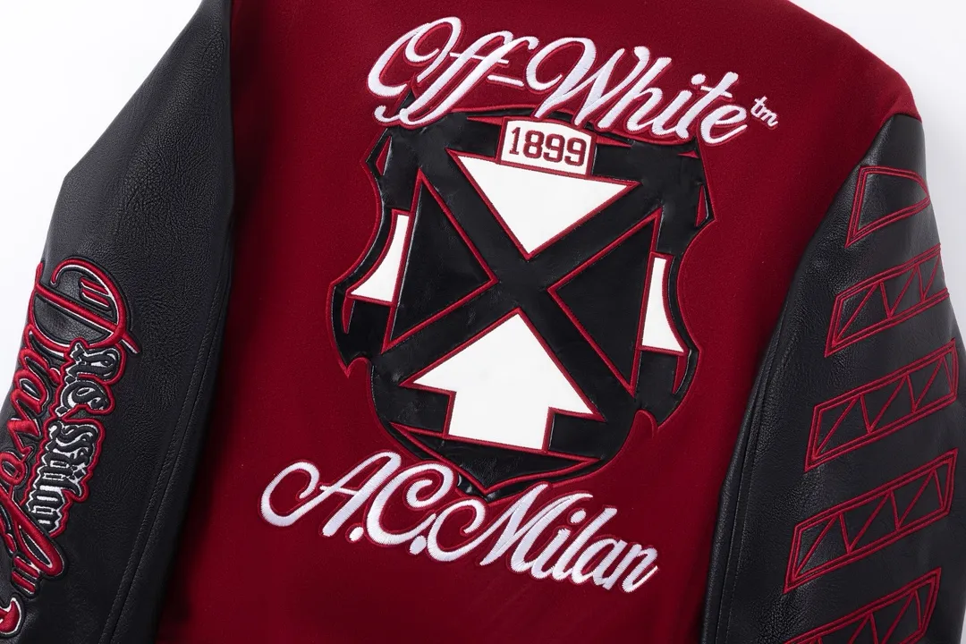 S69#P660, AC Milan offwhite25ss heavily embroidered leather baseball jersey, woolen fabric couple's jacket, black size: S M L XL